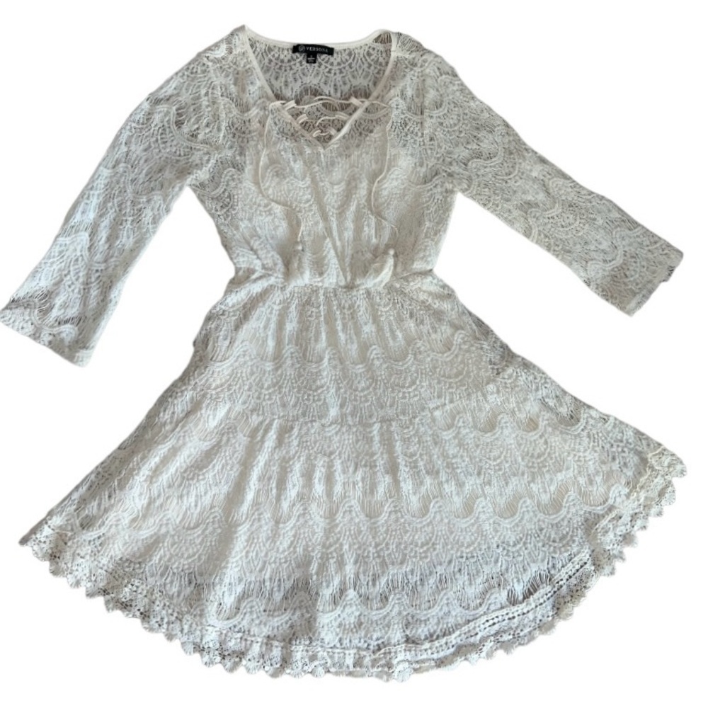 Versona Beautiful Boho Crochet Lace Ivory Cream Tie Tassels Dress Women’s Small - Picture 4 of 9